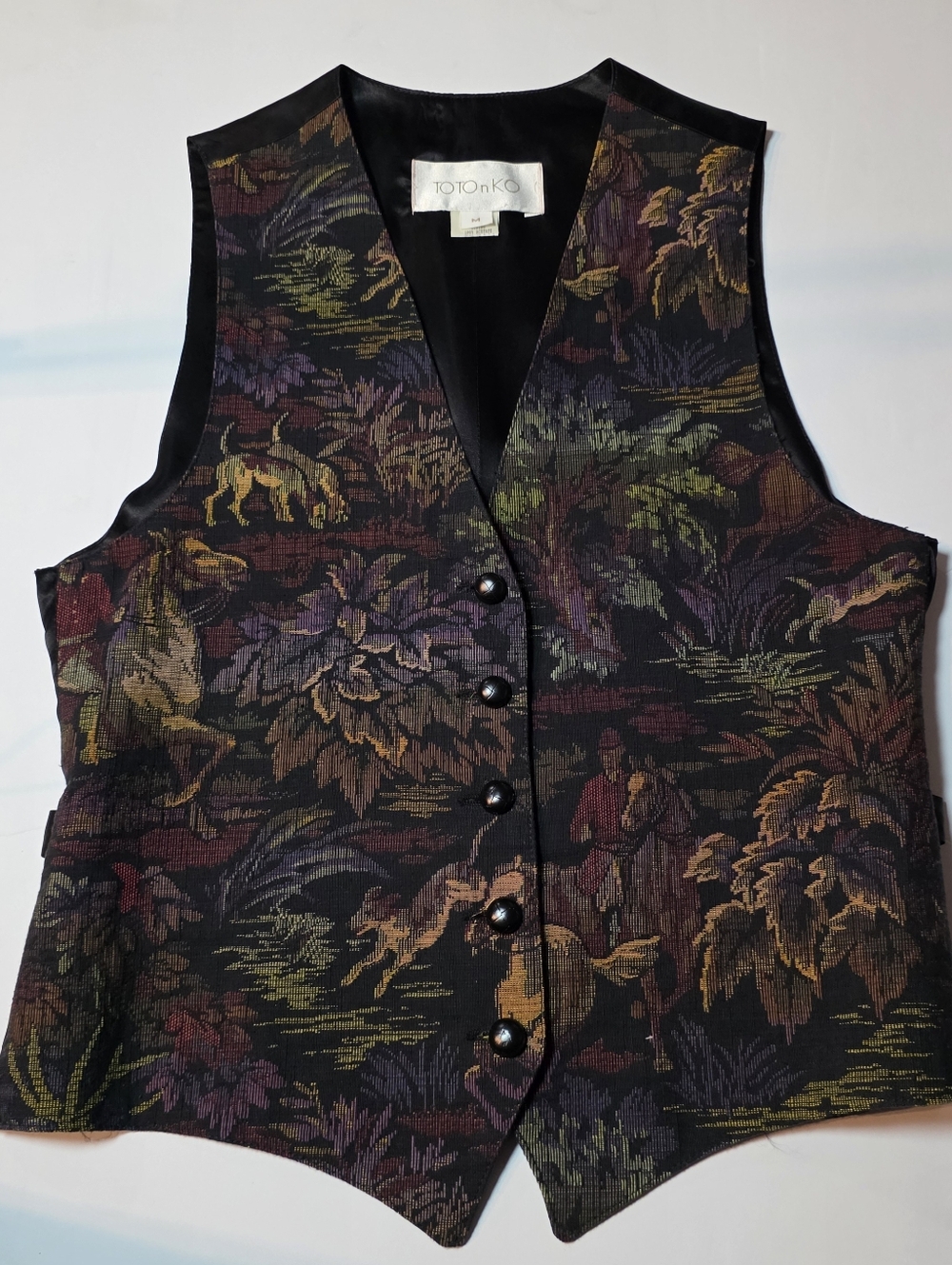Vtg ToTonKo Tapestry Western Equestrian Horses Dogs Hunt Woodland Vest Womens M